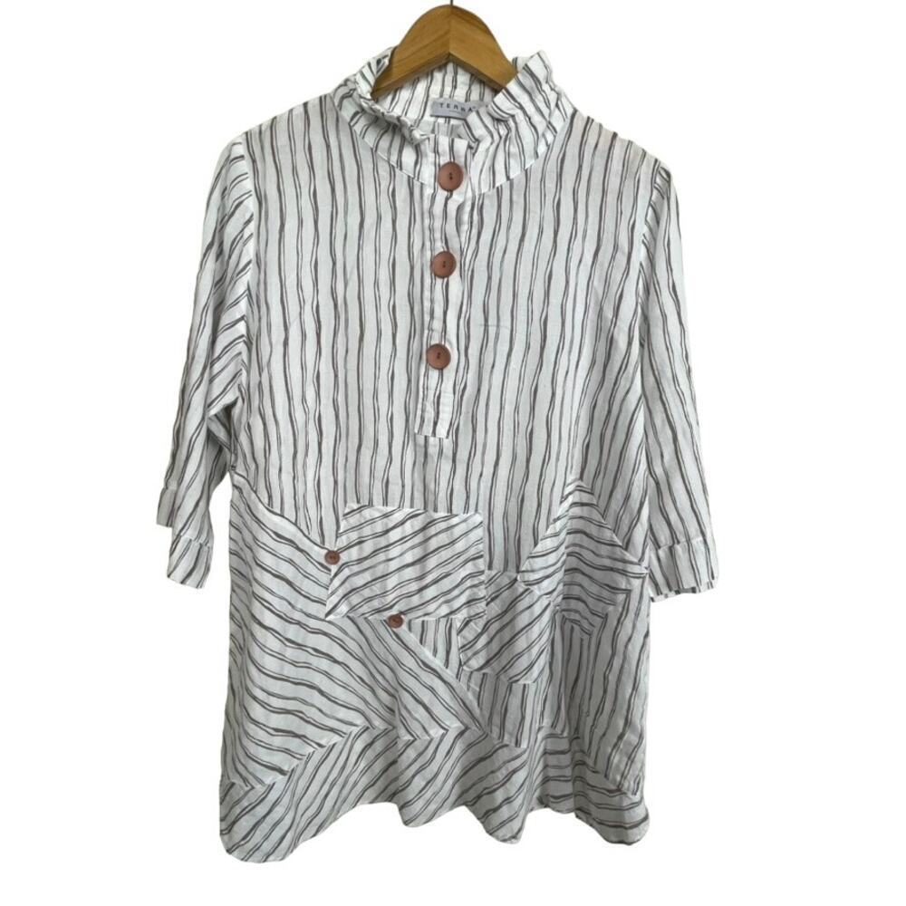 Terra SJ Apparel Top Size M White Taupe Wired Collar Button Popover Lagenlook